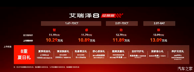 限时售10.29万起 艾瑞泽8征服版正式上市 外观/内饰均有升级
